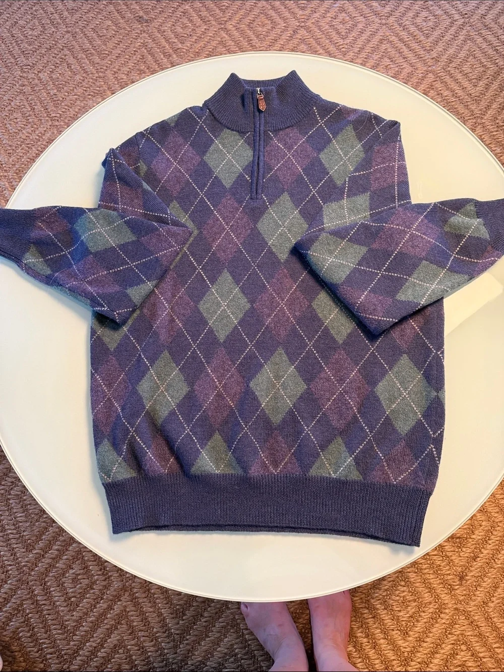 Ralph Lauren Purple Argyle Quarter-Zip Sweater with Green Diamonds size large
